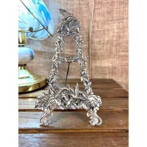 Pewter Hummingbird Easel 10” tall Picture Display, Vintage Book, Plate Holder.